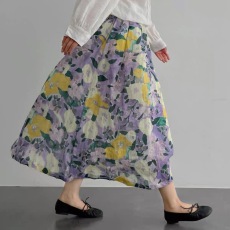 批发日韩外贸<b class='q'>尾</b>货<b class='q'>品牌</b>剪标女装定染水彩画精纺细纱苎麻A字中长半身裙