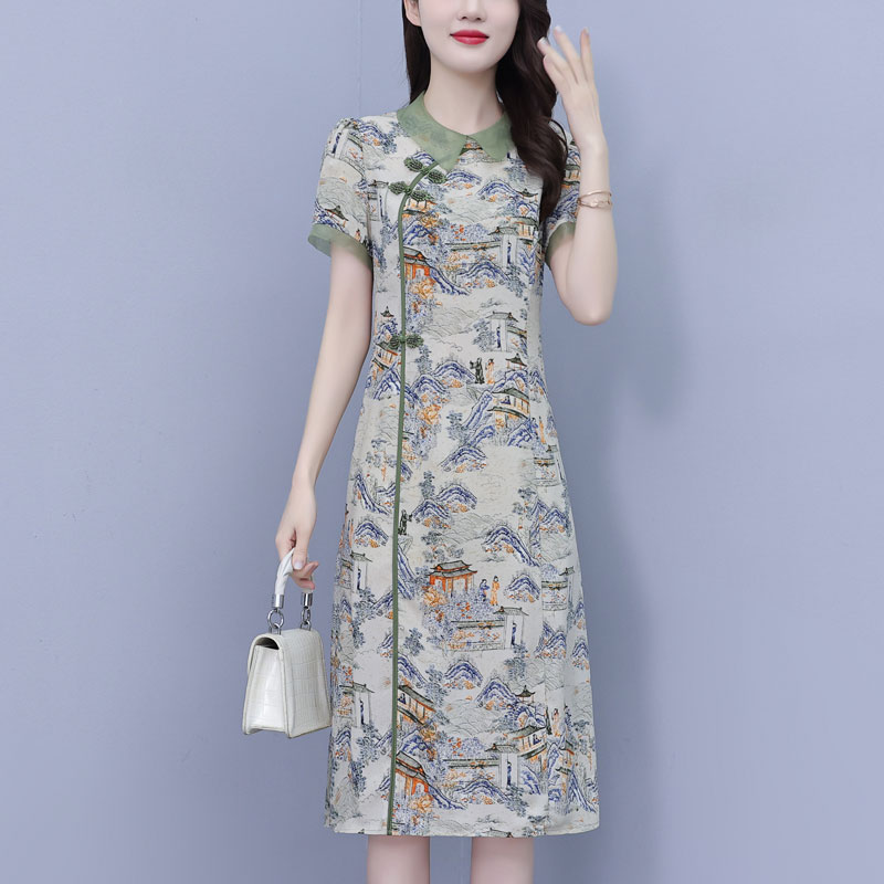 MY7985# 真丝桑蚕丝连衣裙女夏新款高端香云纱气质显瘦妈妈印花旗袍裙女...