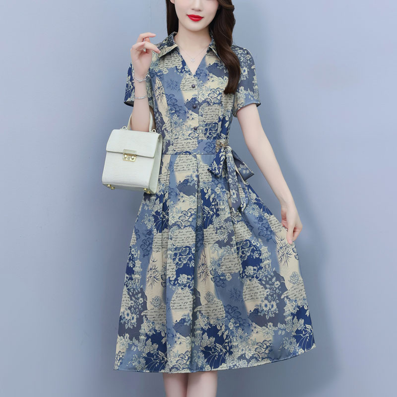 MY7982# 真丝桑蚕丝连衣裙女夏季新款轻奢高级感遮肚显瘦妈妈印花裙子女...