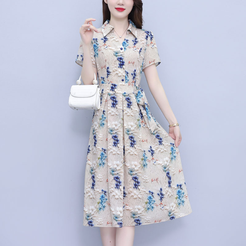 MY7981# 真丝桑蚕丝连衣裙女新款高端气质遮肚显瘦妈妈立体印花裙子女裝...