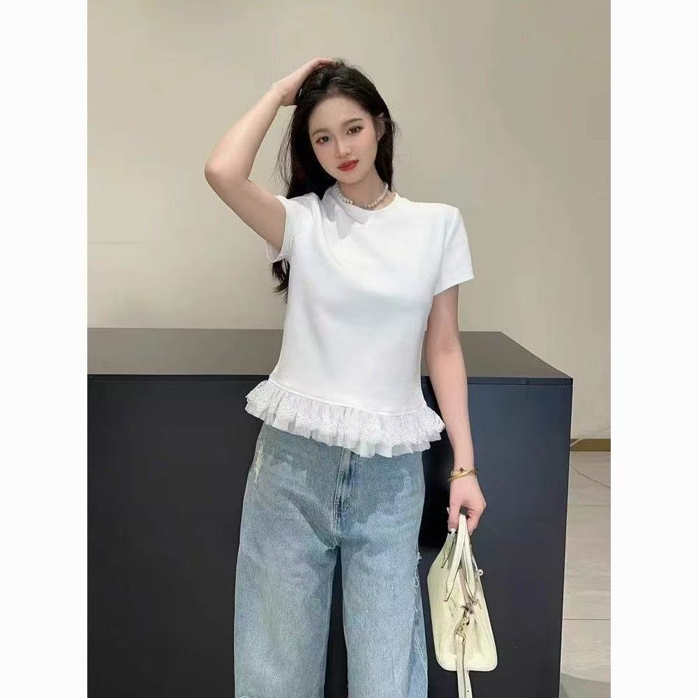 40 순면 라운드 넥 레이스 조각 순수한 욕망 반팔 티셔츠 여성 여름 새로운 인사이드 가져 가라.