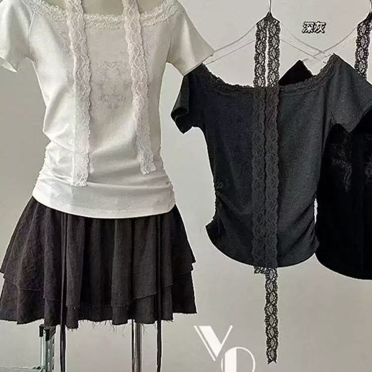 40 면 순수한 욕망 바람 고급 센스 레이스 조각 비스듬한 칼라 반팔 티셔츠 여성