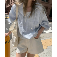 批发已出 韩版  条纹休闲慵懒风连帽抽绳半开领薄款防嗮衣上衣 女