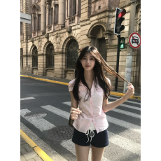 批发实拍 韩系粉色掐腰修身显瘦<b class='q'>短袖</b>口袋收腰气质衬衫上衣女