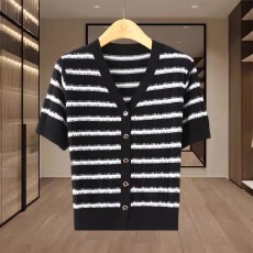 批发撞色条纹v领针织开衫女装夏季2025<b class='q'>新款</b>短袖t恤上衣v领小香风<b class='q'>毛衣</b>