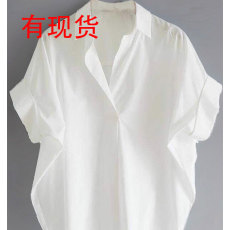 批发奥特莱斯<b class='q'>女装</b>***<b class='q'>专柜</b><b class='q'>正品</b>棉质白色宽松蝙蝠袖V领衬衫衬衣女