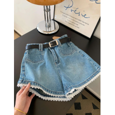 批发蓝色蕾丝花边高腰牛仔短裤女<b class='q'>夏</b>季新款大码休闲宽松显瘦阔腿a字裤