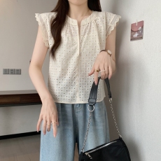 批发实拍夏装大码女装设计感甜美<b class='q'>蕾丝</b>花边小飞袖无袖<b class='q'>娃娃衫</b>M 4XL200斤