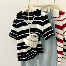 批发实拍大码女装翻领撞色条纹短袖针织衫舒适宽松百搭2026夏季t恤