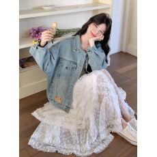 批发水洗蓝牛仔<b class='q'>外套</b>女2026超火春装皮标设计感韩系宽松遮肉上衣