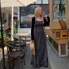 批发大码气质修身时尚黑色<b class='q'>波点</b>吊带<b class='q'>连衣裙</b>夏甜美森系法式度假风长裙子