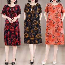 批发棉绸<b class='q'>连衣裙</b>夏季<b class='q'>人造棉</b>绵绸妈妈印花裙时尚洋气大码显瘦中老年裙子