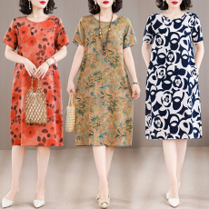 批发棉绸<b class='q'>连衣裙</b>夏季<b class='q'>人造棉</b>绵绸妈妈印花裙时尚洋气大码显瘦中老年裙子