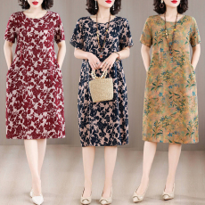 批发棉绸<b class='q'>连衣裙</b>夏季<b class='q'>人造棉</b>绵绸妈妈印花裙时尚洋气大码显瘦中老年裙子