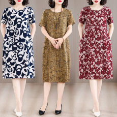 批发棉绸<b class='q'>连衣裙</b>夏季<b class='q'>人造棉</b>绵绸妈妈印花裙时尚洋气大码显瘦中老年裙子