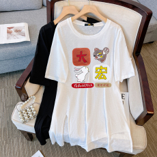 批发130-320斤加大码女装中长款遮臀T恤夏季胖mm小众开叉不规则短袖