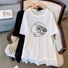 批发130-320斤加大码女装水墨画印花T恤夏季新款胖mm不规则短袖上衣