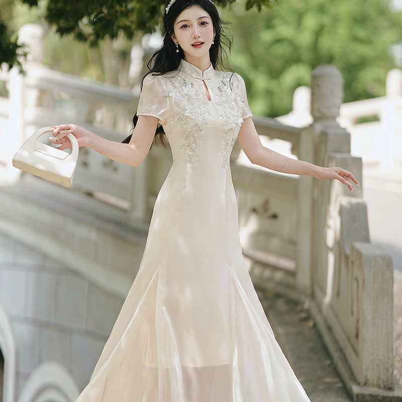 RY2025# 实拍 新中式重工刺绣钉珠年轻款旗袍连衣裙