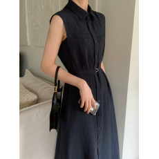 批发简约风气质 衬衣领系腰带无袖<b class='q'>连衣裙</b>长裙  韩版chic  轻熟时尚
