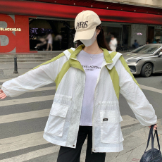 批发夏季防紫外线晒衣清凉女装抽绳宽松显瘦字母绣花长袖撞色拼接新款