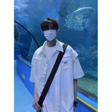 批发高质量纯棉 小众解构压褶设计感衬衫男女夏季短袖潮牌美式半截袖