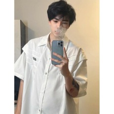 批发高质量纯棉 解构压褶短袖衬衫男设计感小众痞帅男女白色衬衣外套