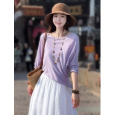 批发女春季宽松气质薄款圆领上衣韩版休闲简约慵懒风紫色显白针织衫