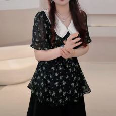 批发官图原版面料品质时尚百搭娃娃领碎花上衣<b class='q'>雪纺衫</b>新款夏季小衫