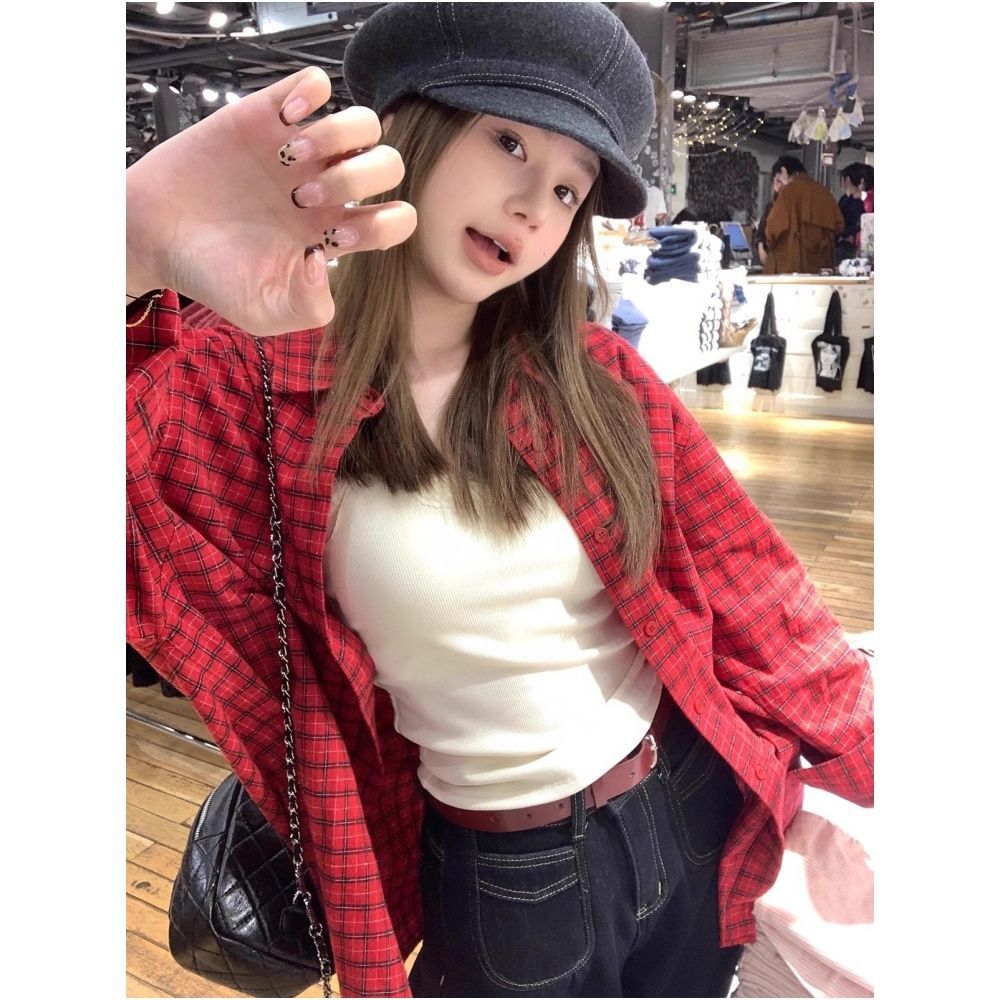 빨간색 체크무늬 셔츠 여성 코트 여름 루즈핏 캐주얼 셔츠 ins 레트로 항구 바람 긴팔 자외선 차단 맨위