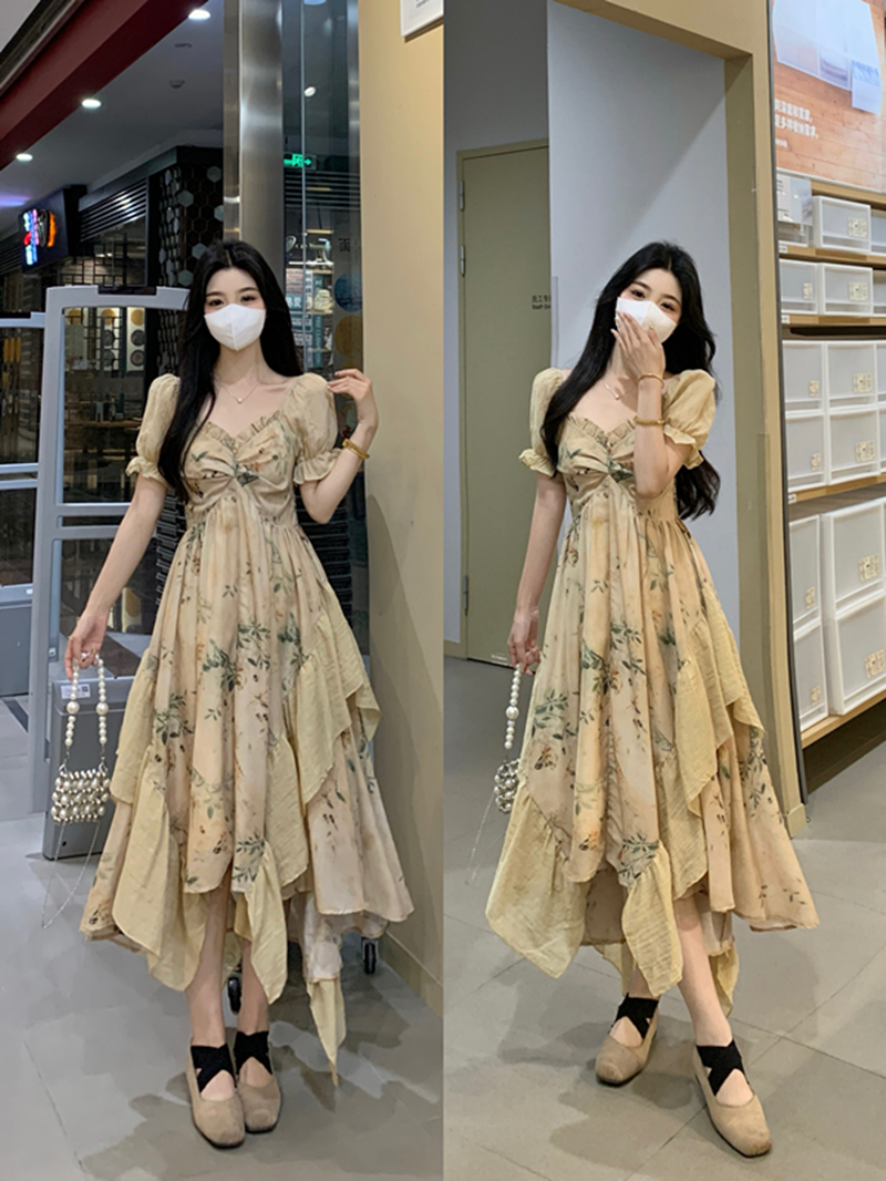MY7878# 月光载影 甜美法式长裙印花拼接感高腰连衣裙女夏季女裝貨源服裝批發