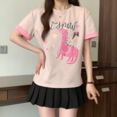 批发原版面料2025夏季时尚撞色减龄卡通印花圆领短袖T恤洋气<b class='q'>衣服</b>女