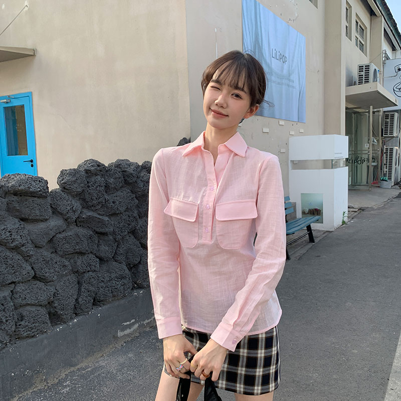 MY7130# 纯色简约口袋衬衫女新款百搭收腰系带休闲宽松小衫女裝貨源服裝批發