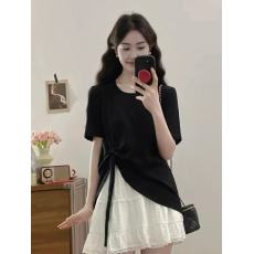 批发大码胖mm法式百搭不规则短袖T恤女夏季新款韩系休闲正肩体恤上衣