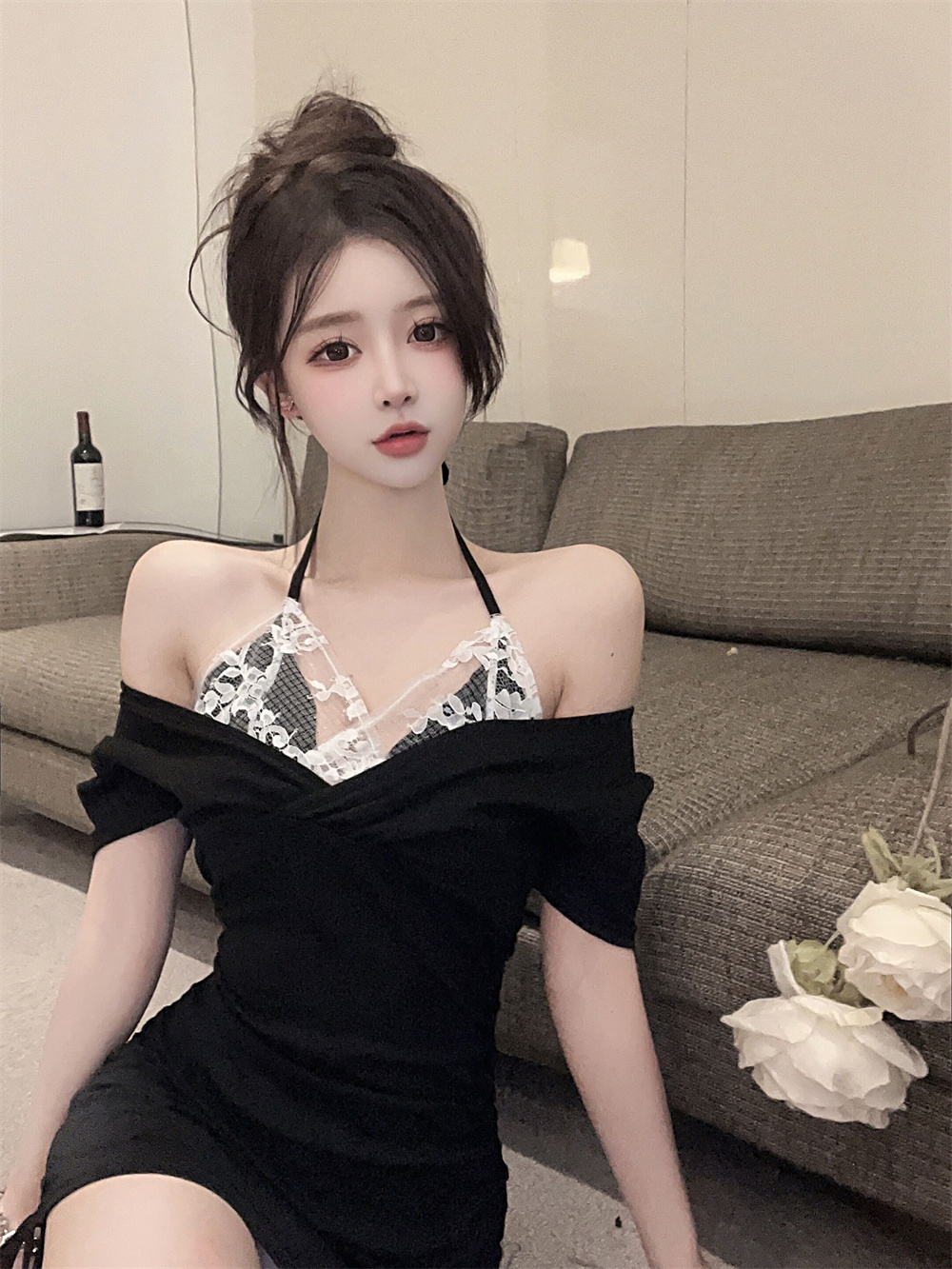 FA22895# 新款蕾丝拼接假两件收腰抽绳连衣裙 服裝批發女裝批發服飾貨源