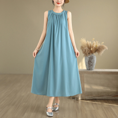 批发实拍夏季桑蚕丝纯色无袖连衣裙宽松大码透气显瘦背心裙女