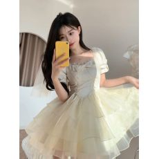 批发夏季2025蝴蝶结提花<b class='q'>欧根纱</b>仙女感连衣裙女在逃公主蓬蓬短裙子