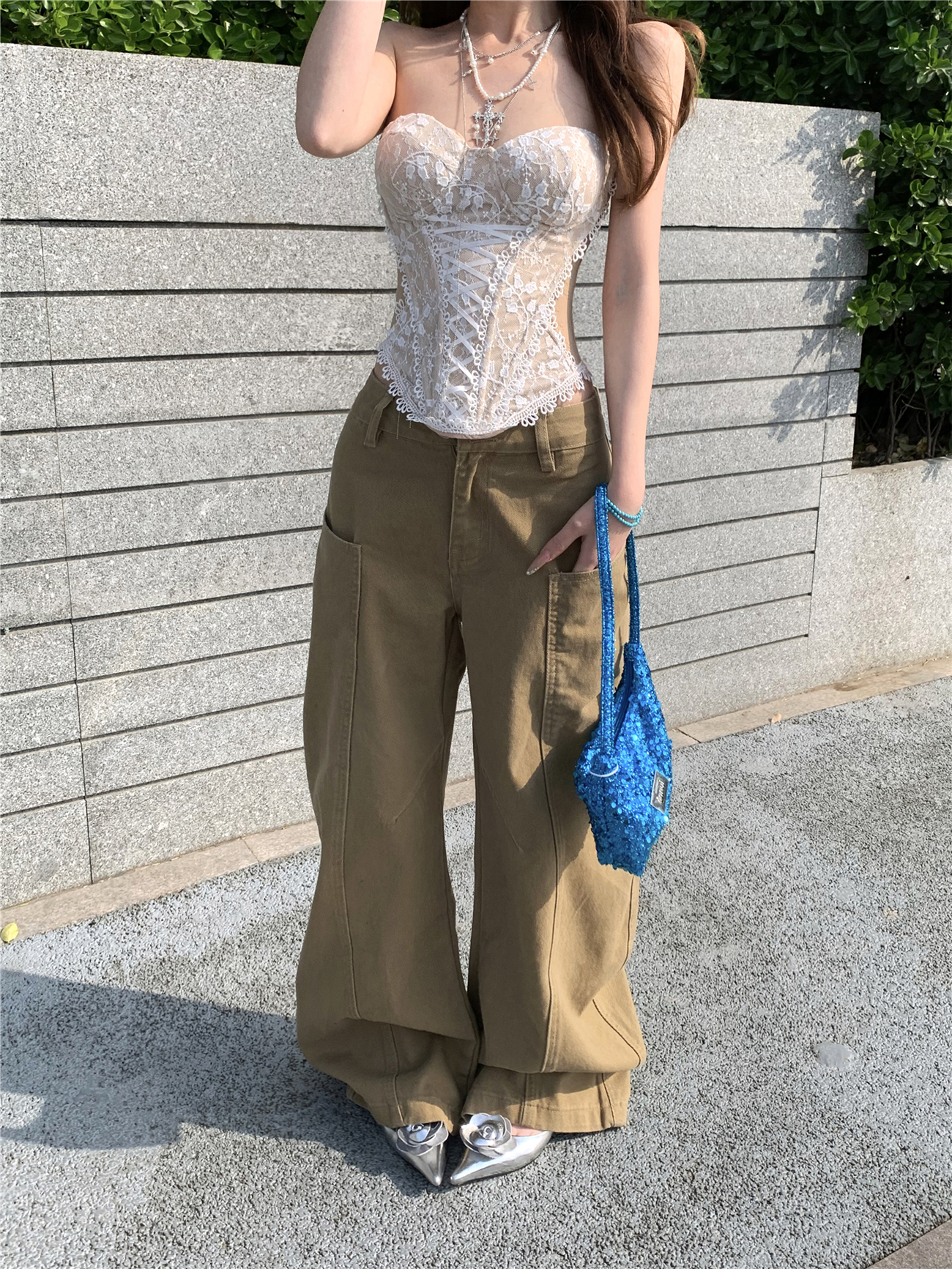 실사 아메리칸 하이웨이스트 루즈핏 와이드 레그 팬츠 카키 색 워크웨어 팬츠 캐주얼 바지 여성