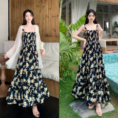批发实拍大码女装法式气质高腰<b class='q'>印花</b>吊带裙夏季薄紗开衫碎花<b class='q'>连衣裙</b>套装