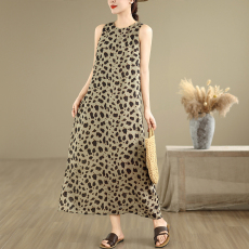 批发实拍温柔气质印花连衣裙女装豹纹无袖背心长裙