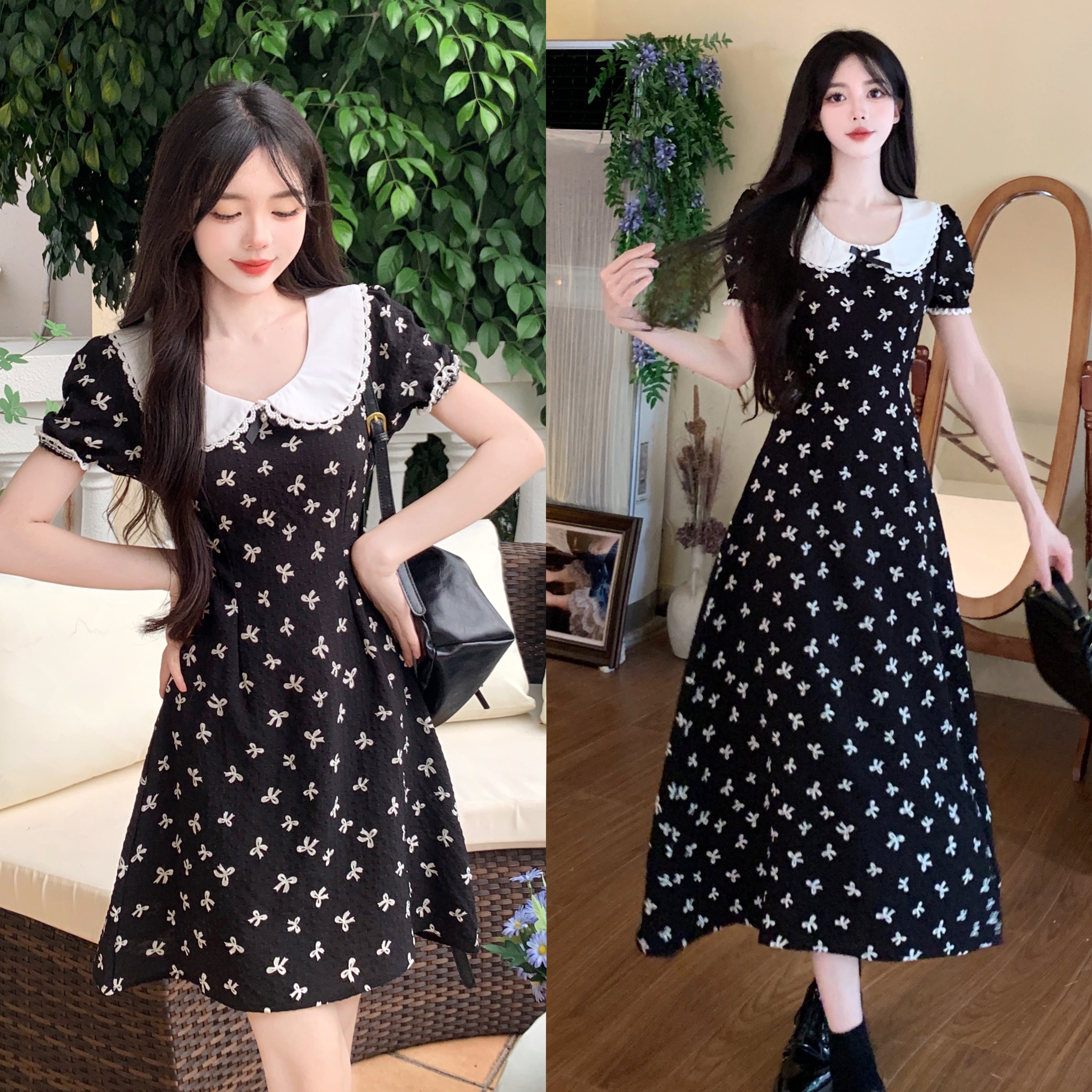 MY7495# 大码夏新款碎花连衣裙女气质法式小黑裙上流社会娃娃领长裙女女...
