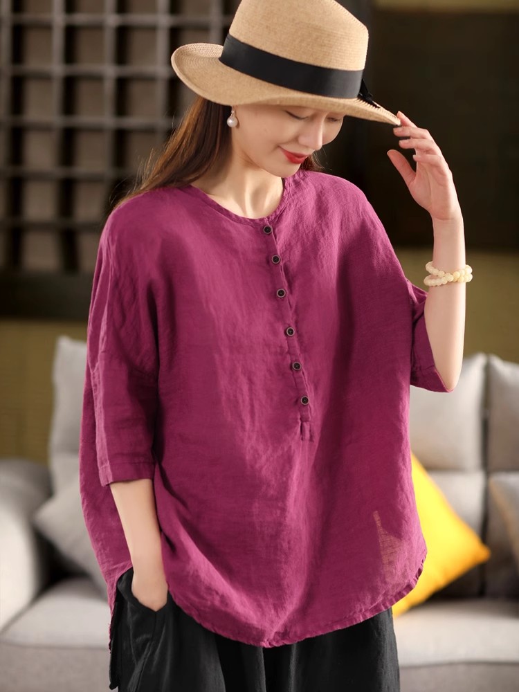레트로 면 린넨 아마 여성 셔츠 의류 2026 여름 단색 라운드 넥 중간 소매 풀오버 셔츠 품격 셔츠 맨위