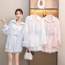 批发实拍韩版夏季宽松印花条纹衬衫短款两件套懒惰风休闲宽松女套装