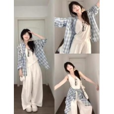 批发韩系松弛感<b class='q'>格子</b>衬<b class='q'>衫</b>女新款宽松慵懒风长袖衬衣外套休闲上衣