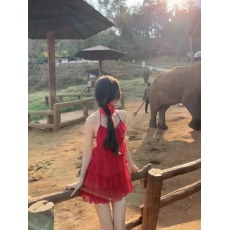 批发夏季纯欲风辣妹少女感不规则挂脖露背<b class='q'>荷叶边</b>吊带<b class='q'>连衣裙</b>