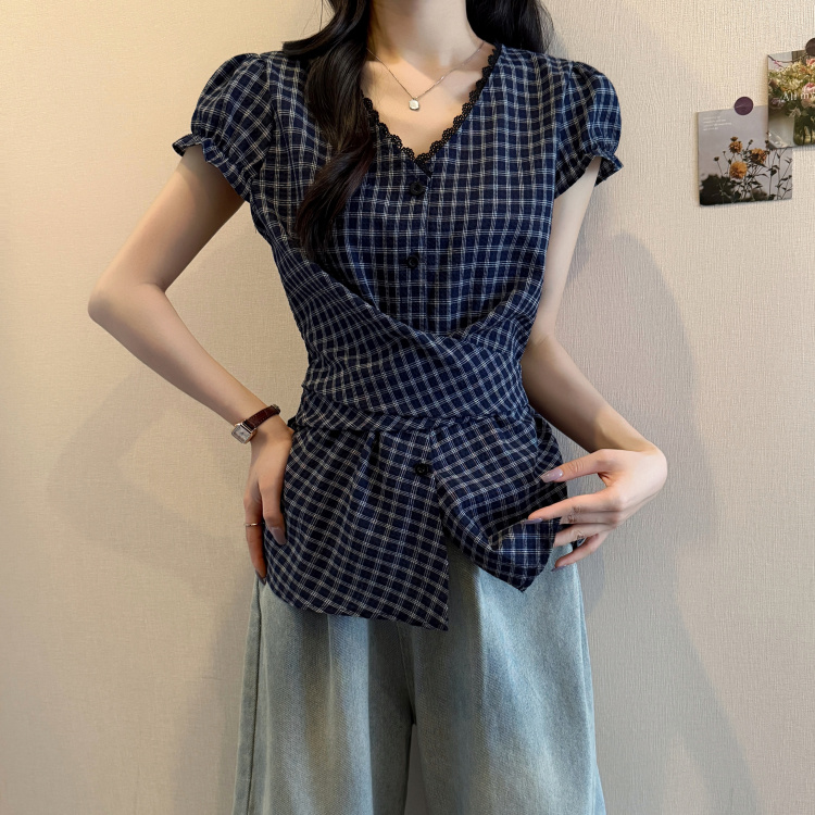 FA33558# 大码法式减龄蕾丝拼接格子绑带前后可系衬衫胖妹妹收腰短袖 服裝批發女裝批發服飾貨源