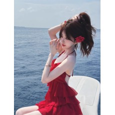 批发原版面料！夏季纯欲风辣妹少女感不规则挂脖露背荷叶边吊带连衣裙
