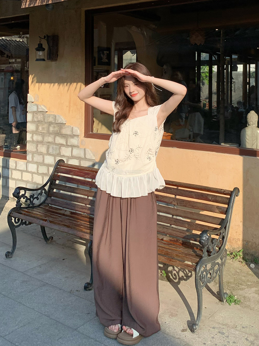 실사 여름 프랑스식 자수 민소매 작은 셔츠 캐미솔 쇼트 스타일 맨위 하이웨이스트 느긋한 얇은 스타일 넓은 다리 길이 바지