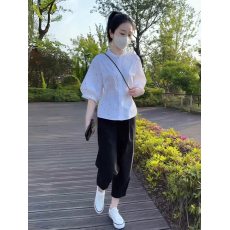 批发欧货时尚洋气套装盐系穿搭宽松<b class='q'>波点</b><b class='q'>衬衫</b>女薄款显瘦阔腿九分休闲裤