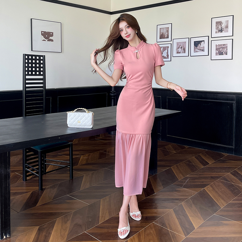 RY2735# 视频实拍2026夏季新款时尚网红名媛气质网纱拼接长裙包臀连...