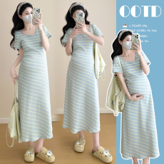 批发实拍现~2026孕妇装夏装新款短袖条纹针织长裙<b class='q'>百搭</b>孕妇连衣裙潮